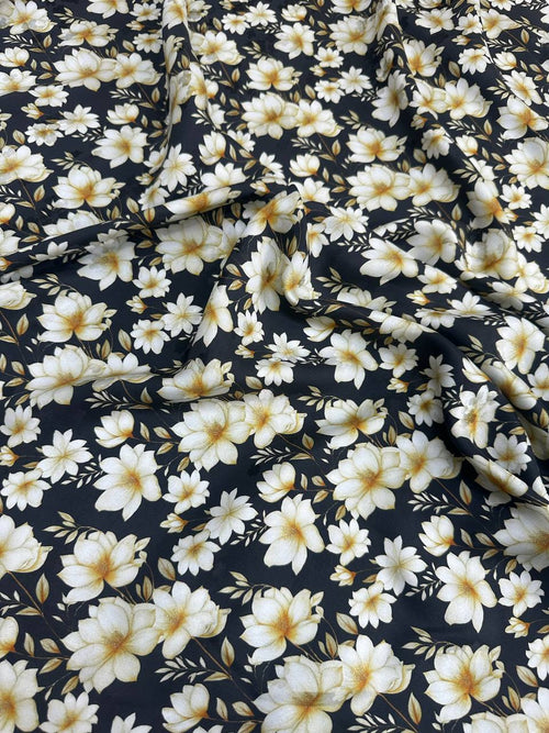 Black Ivory Daisy Garden — Silk Jacquard original fabric photograph. 