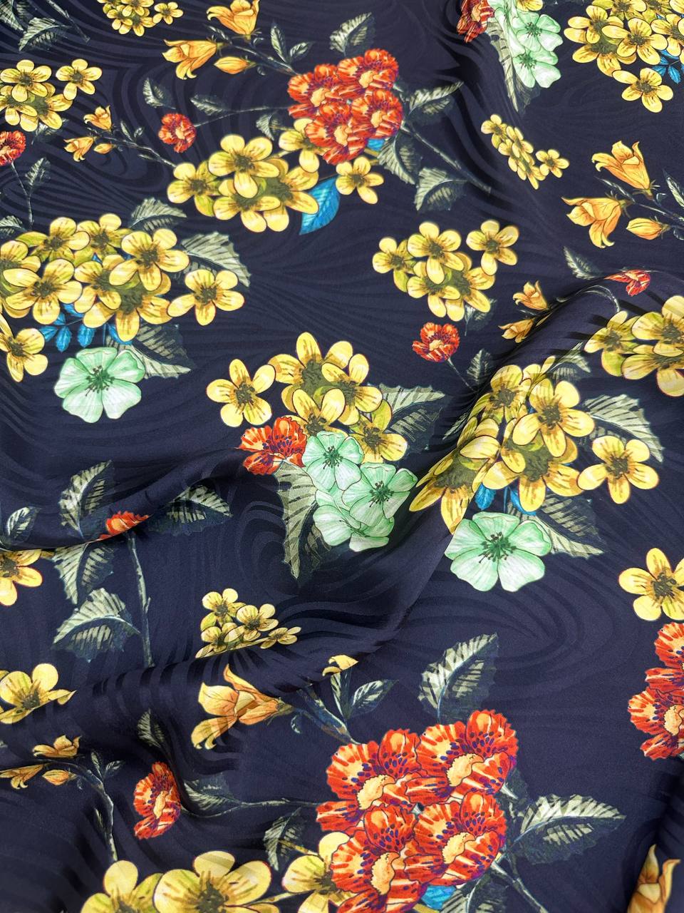 Navy Yellow Bouquet — Silk Jacquard original fabric photograph. 