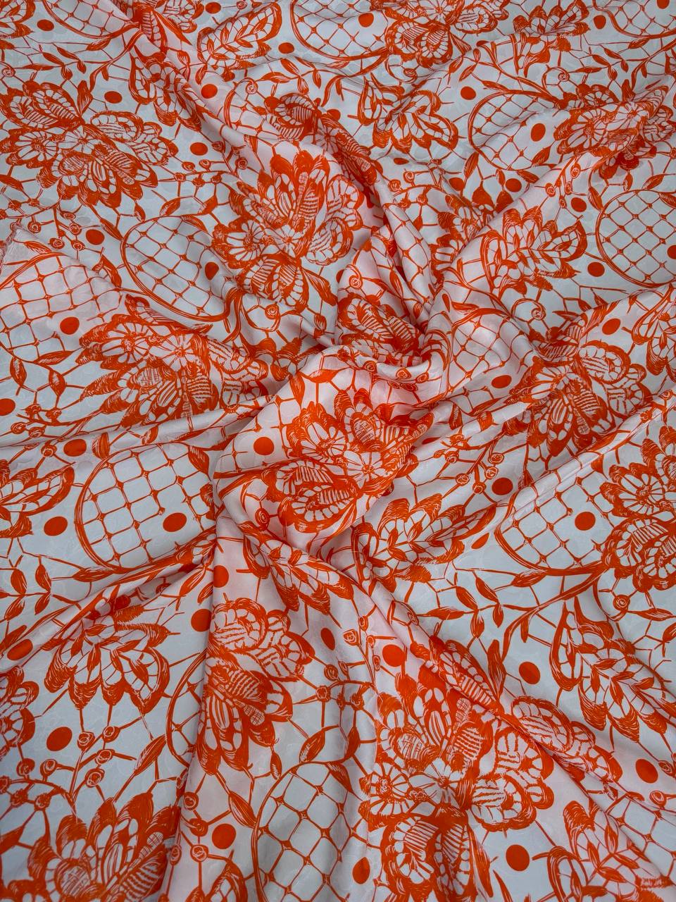 Coral Ivory Ornament — Silk Jacquard original fabric photograph. 
