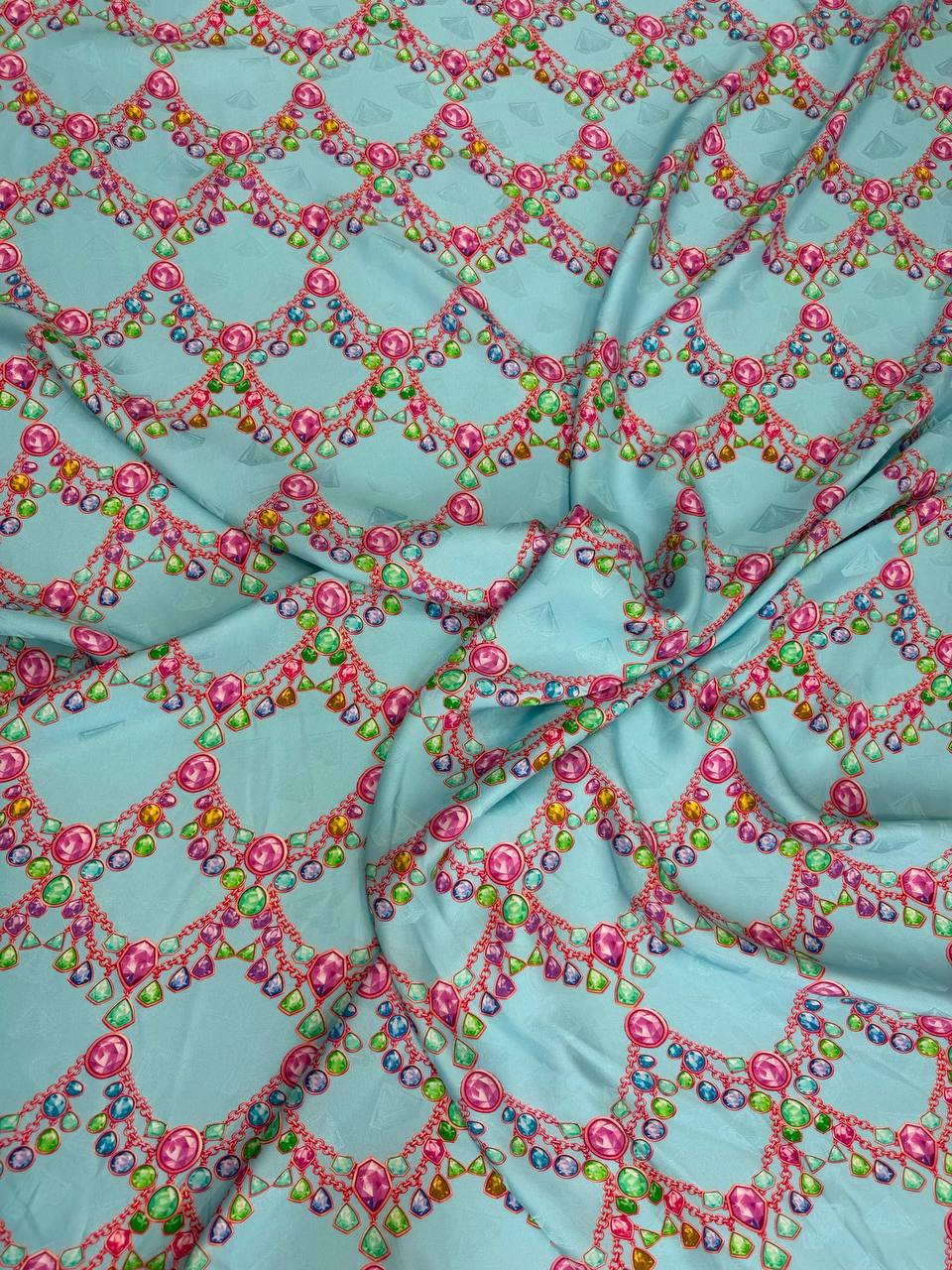 Mint Red Bead Garland — Silk Jacquard original fabric photograph. 