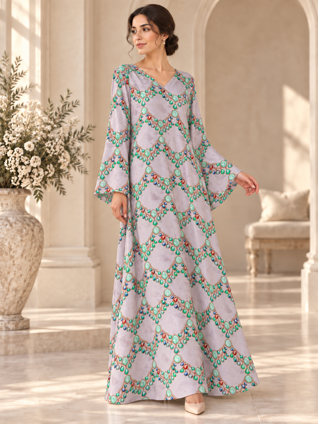 TG-220 — AI model styling illustration based on the original Silk Jacquard fabric; fabric sold separately, garment not included.