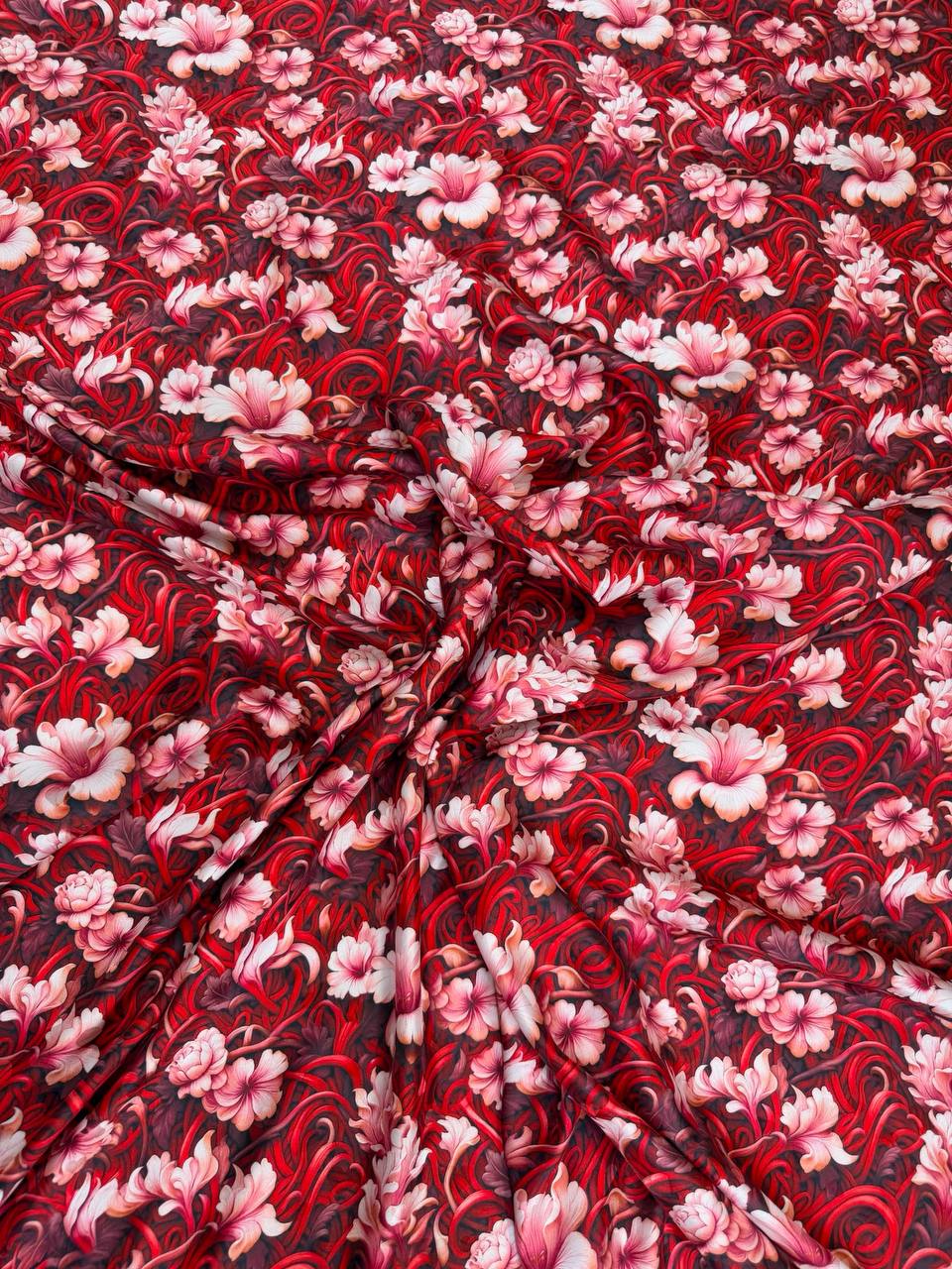 Burgundy Ivory Floral — Silk Jacquard original fabric photograph. 