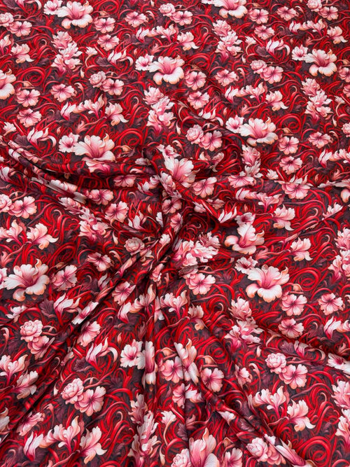 Burgundy Ivory Floral — Silk Jacquard original fabric photograph. 