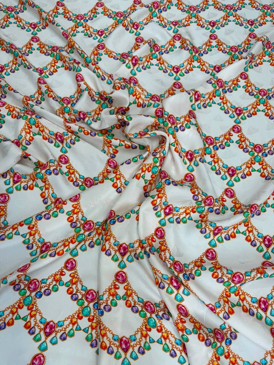 Pearl Red Bead Garland — Silk Jacquard original fabric photograph. 