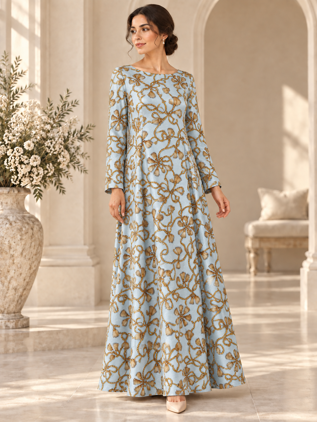 TG-227 — AI model styling illustration based on the original Silk Jacquard fabric; fabric sold separately, garment not included.