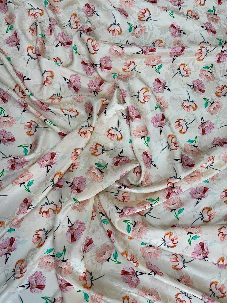 Mint Pink Floral Sprig — Silk Jacquard original fabric photograph. 