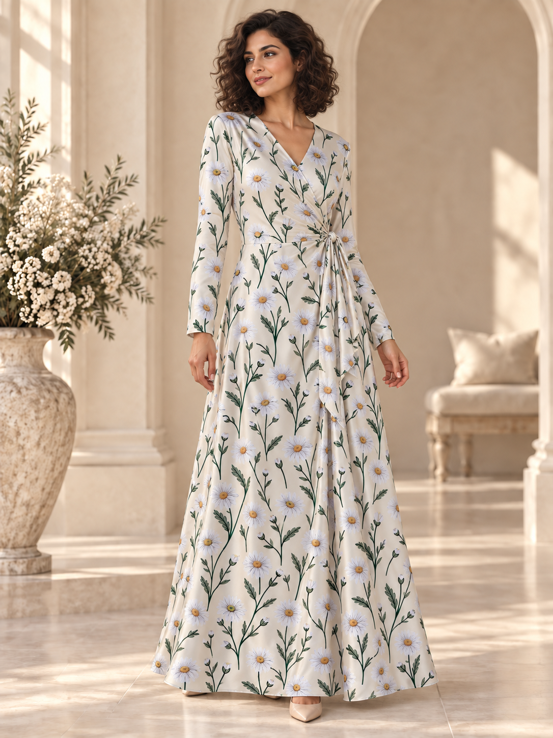 Pearl Botanical Sprig TG-264 — wrap dress styling illustration. Fabric sold separately; finished garment not included.