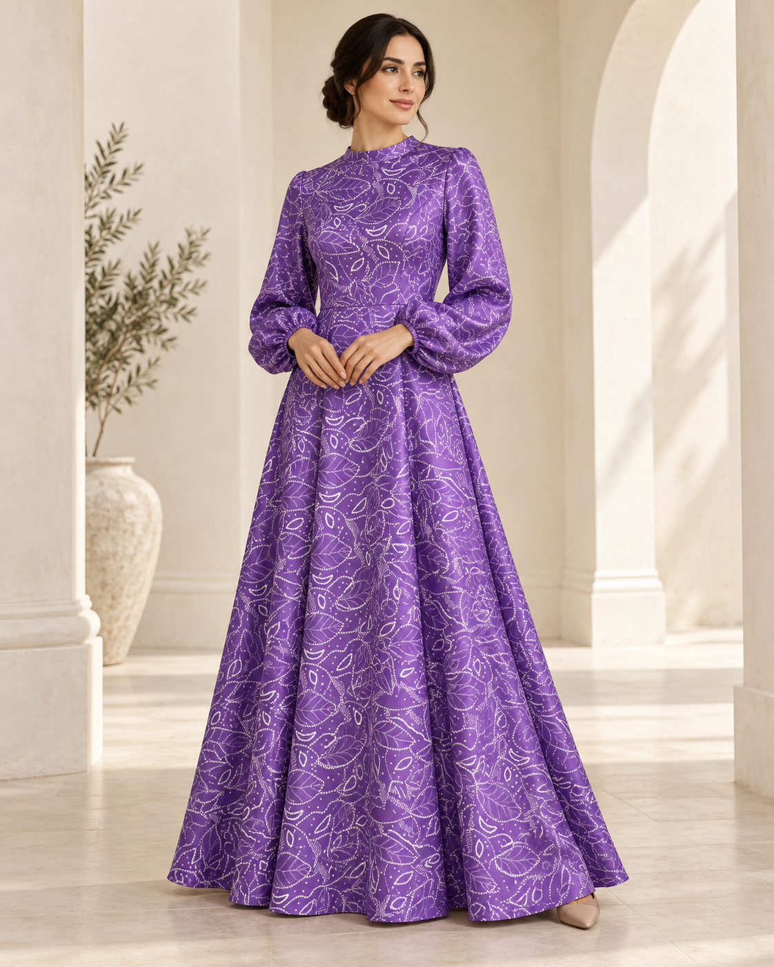 TG-267 — Levantine model styling illustration using the Violet Scroll silk satin; fabric sold separately, garment not included.