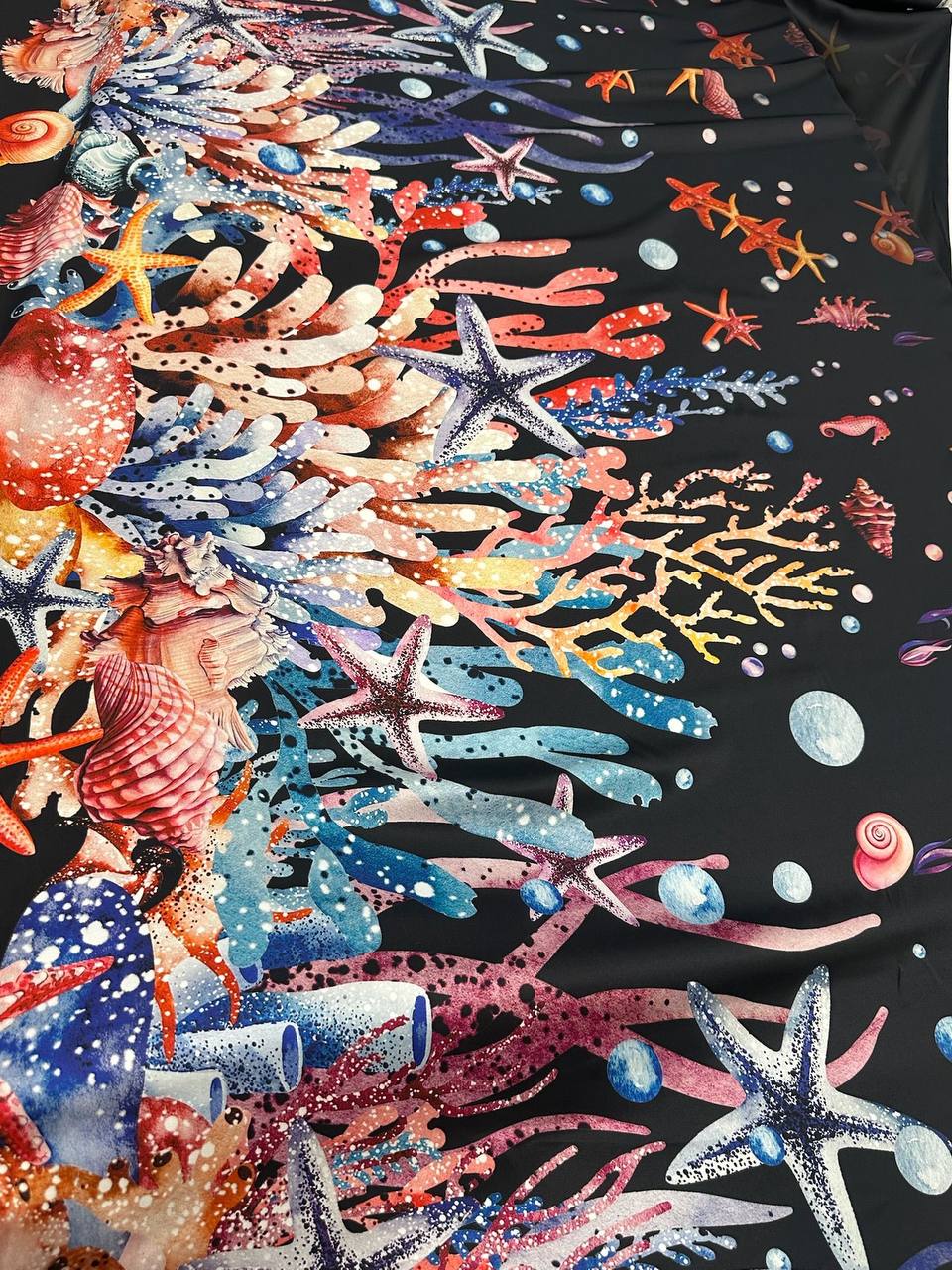 Midnight Coral Garden — Italian Silk Satin fabric, TG-268