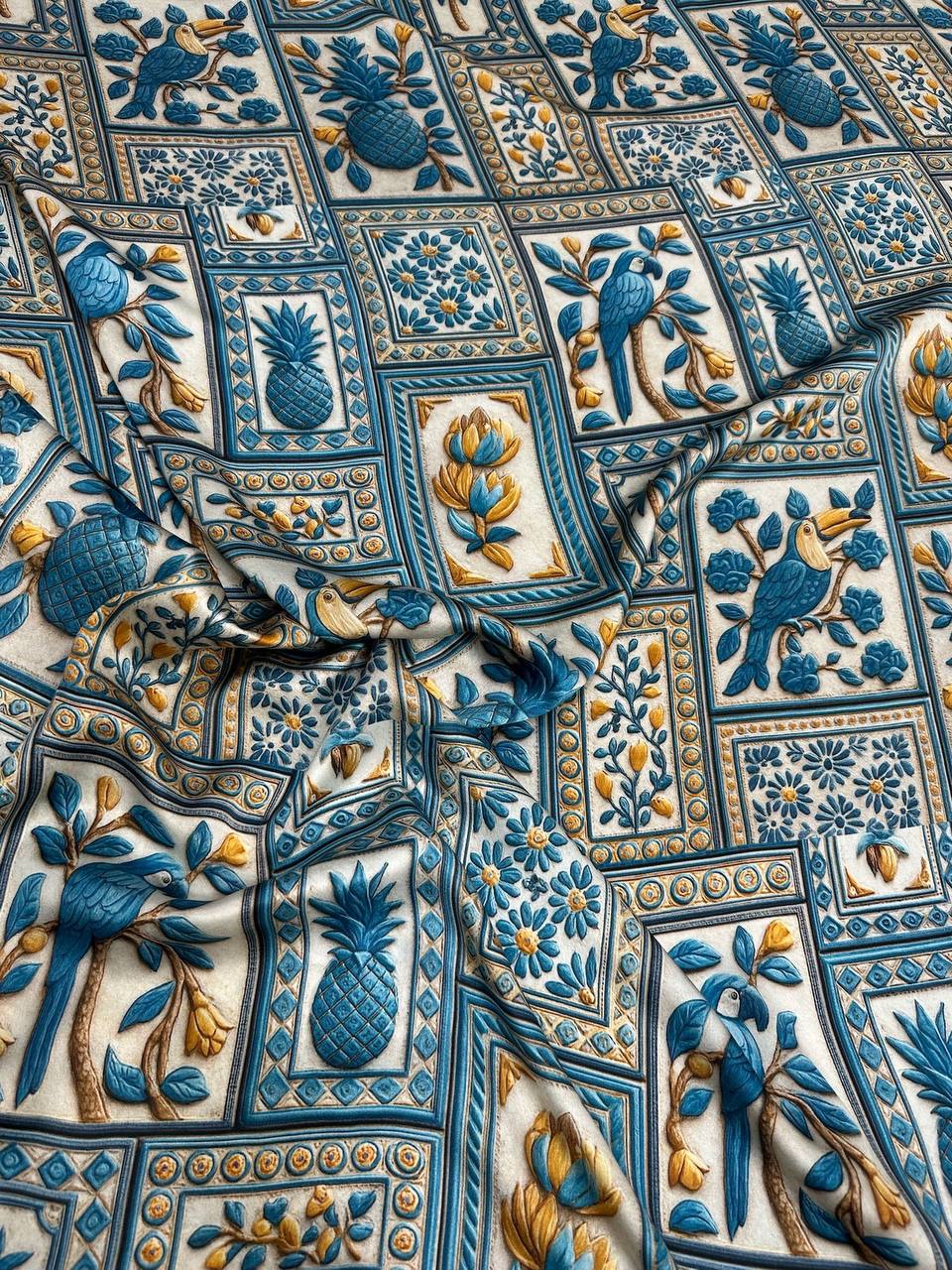 Teal Golden Ornament — Italian Silk Satin fabric, TG-277