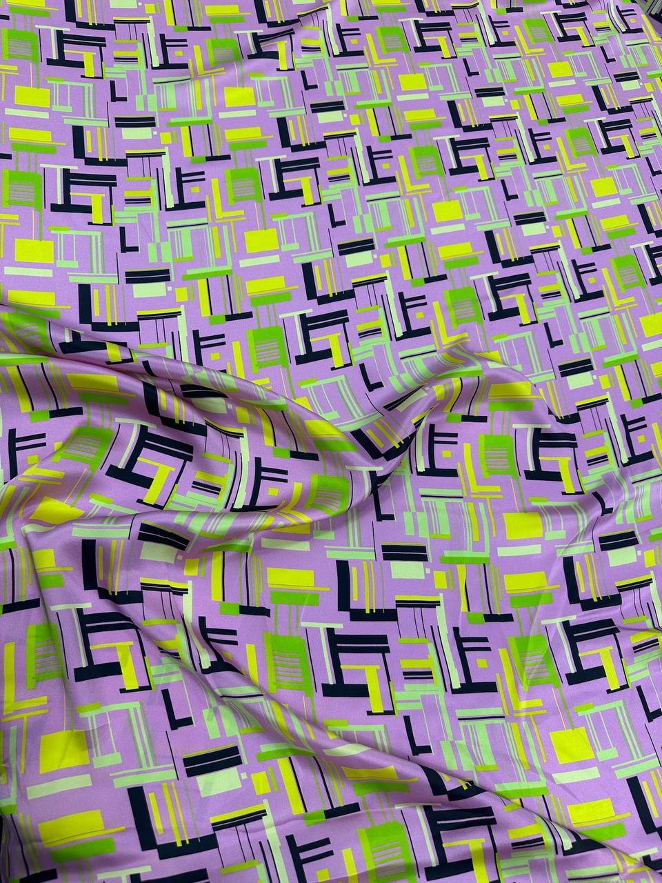 Lime Violet Geometry — Italian Silk Satin fabric, TG-278