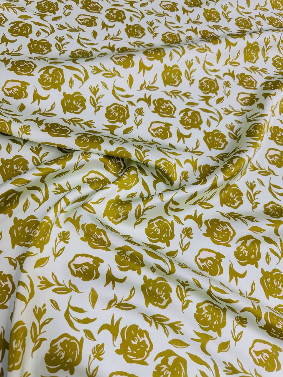 Ivory Olive Floral — Italian Silk Satin fabric, TG-284