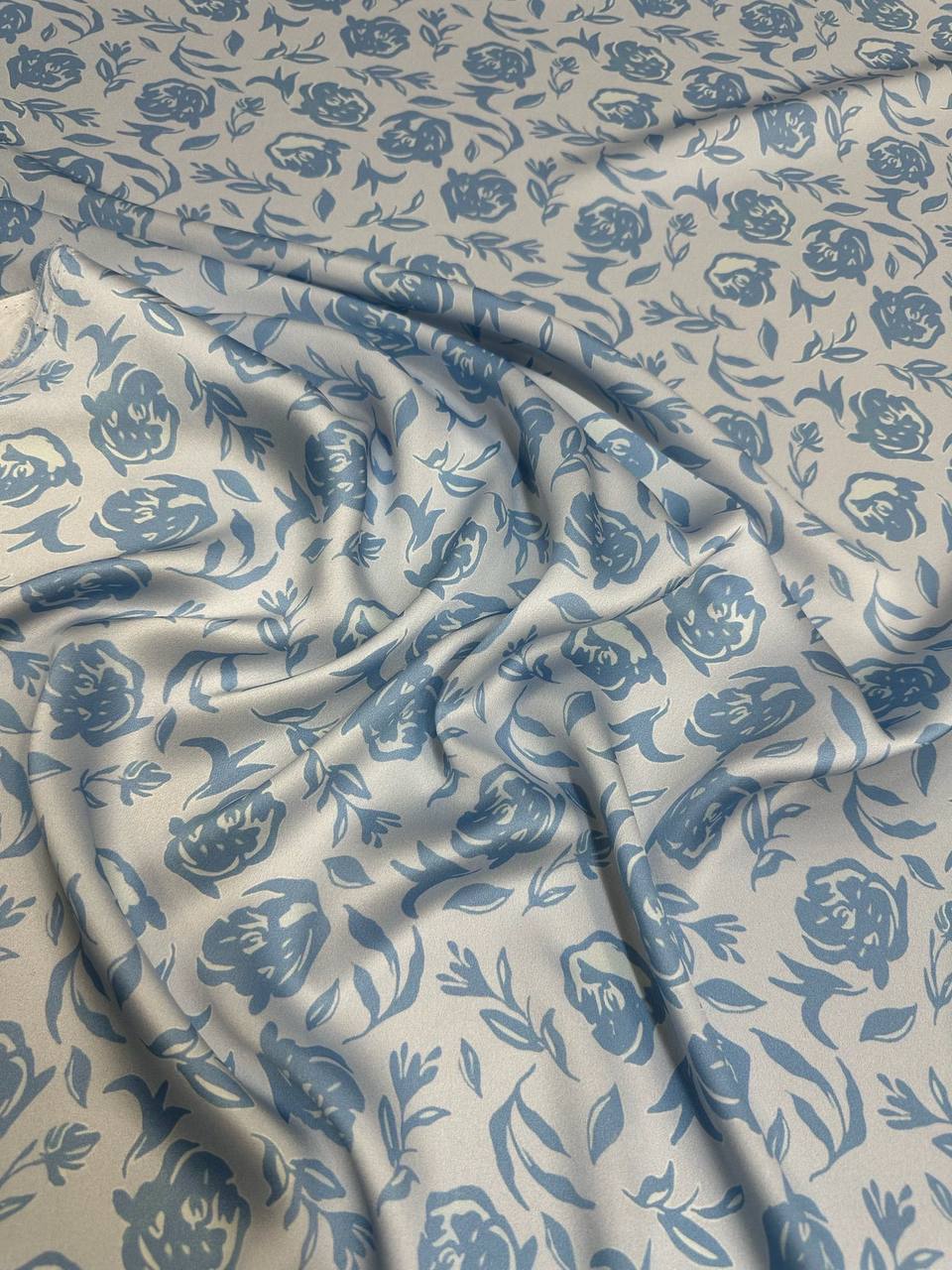 Pearl Blue Botanical — Italian Silk Satin fabric, TG-286