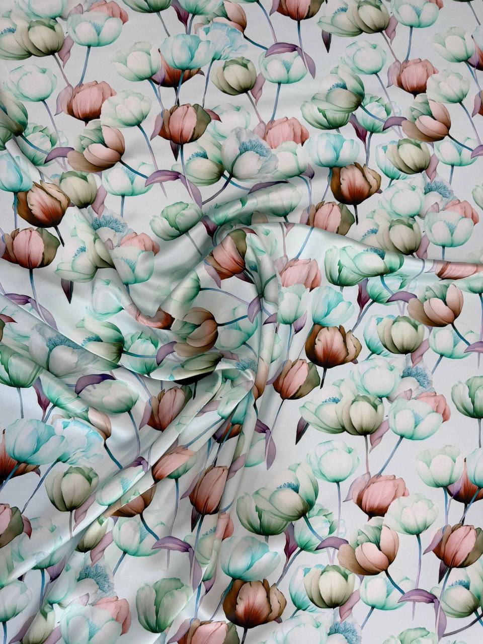Mint Pastel Blossom — Italian Silk Satin fabric, TG-295