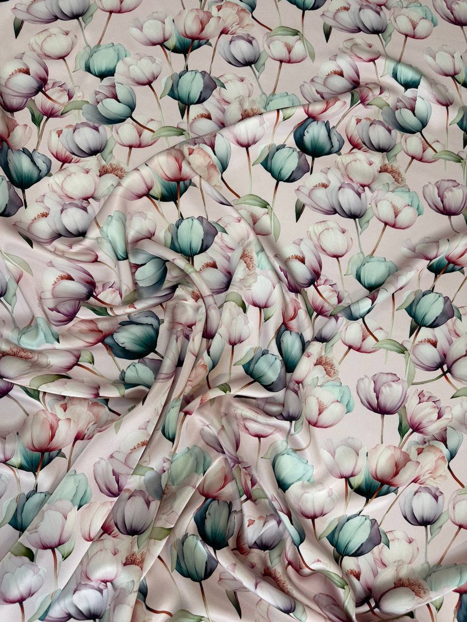 Blush Mint Blossom — Italian Silk Satin fabric, TG-296