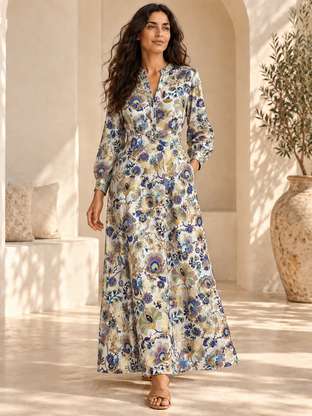 Pearl Multicolour Floral TG-305 — long dress styling illustration. Fabric sold separately; finished garment not included.