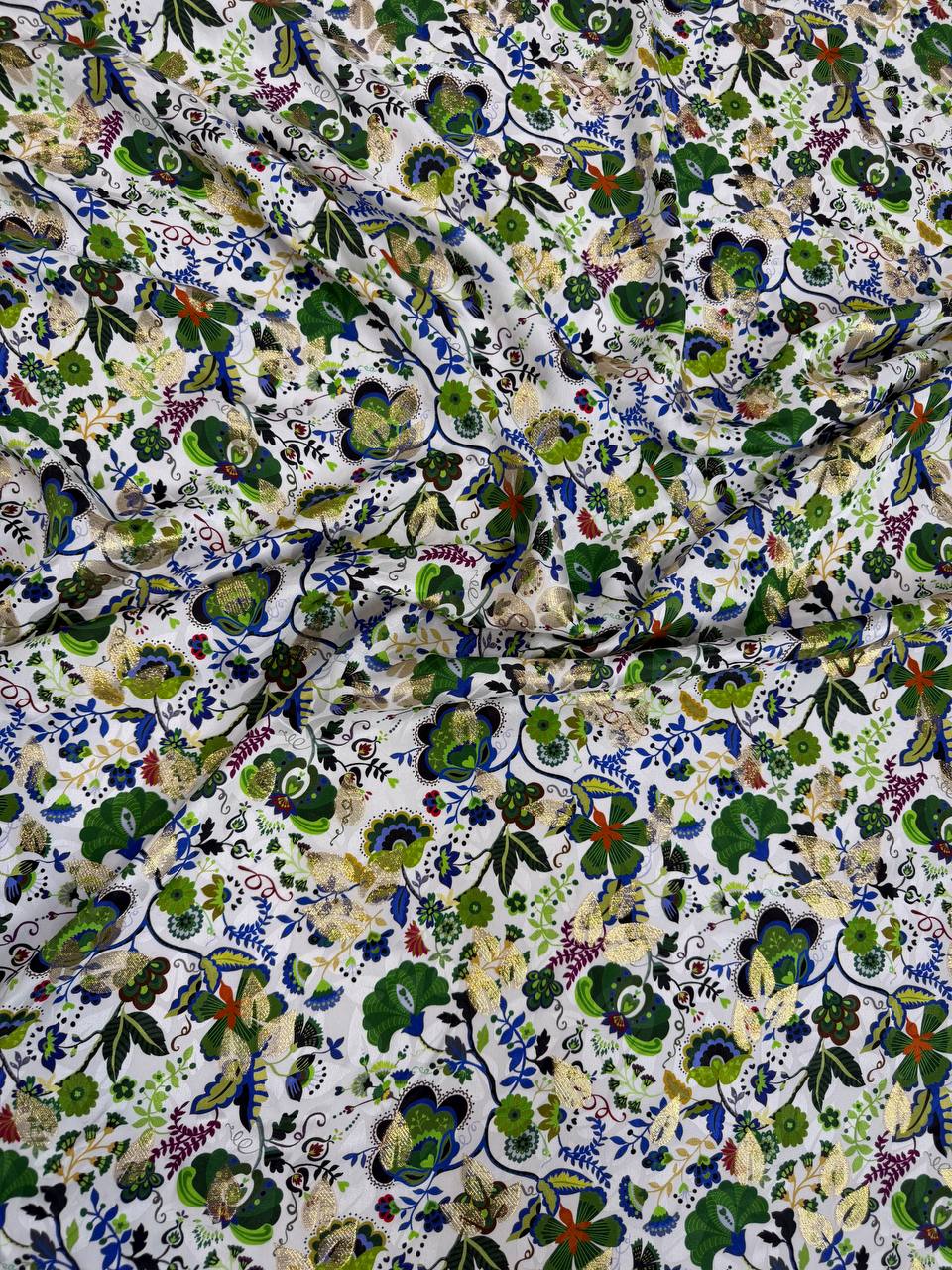 Ivory Green Botanical Scatter — Italian Silk Jacquard Lurex fabric, TG-307