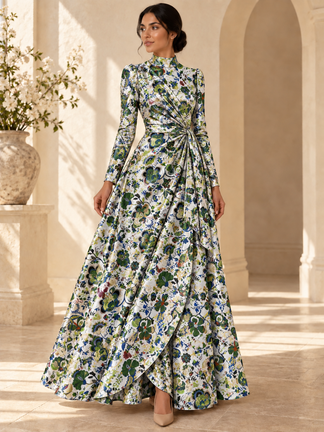 TG-307 — AI model styling illustration based on the original Silk Jacquard Lurex fabric; fabric sold separately, garment not included.