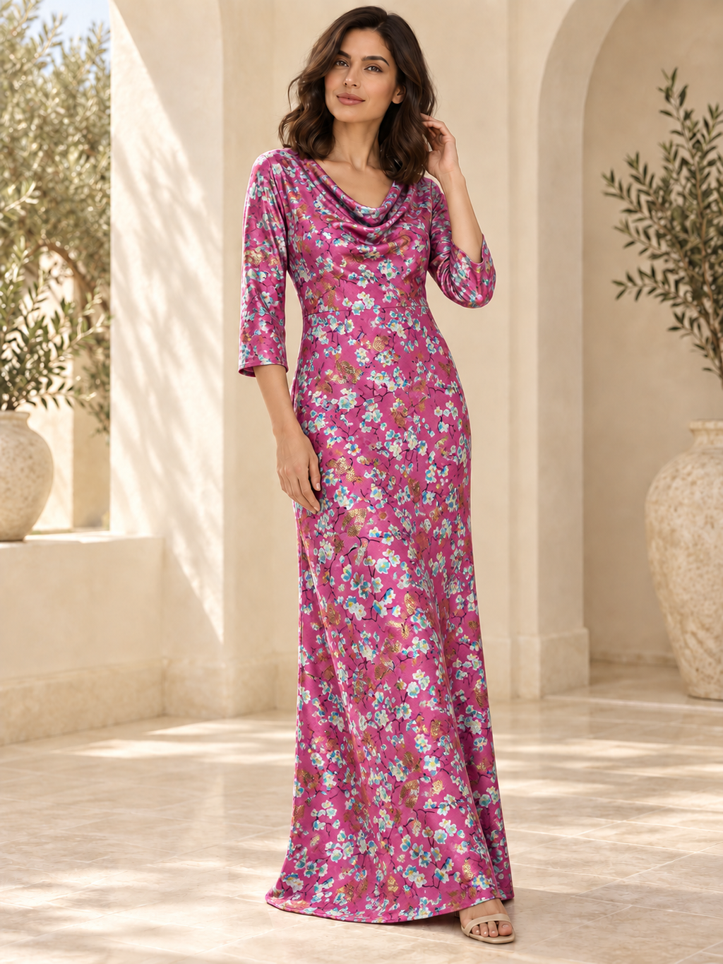 TG-309 — AI model styling illustration based on the original Silk Jacquard Lurex fabric; fabric sold separately, garment not included.