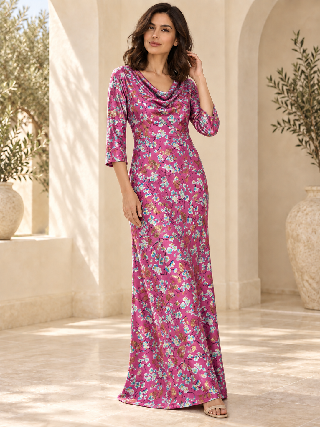 TG-309 — AI model styling illustration based on the original Silk Jacquard Lurex fabric; fabric sold separately, garment not included.