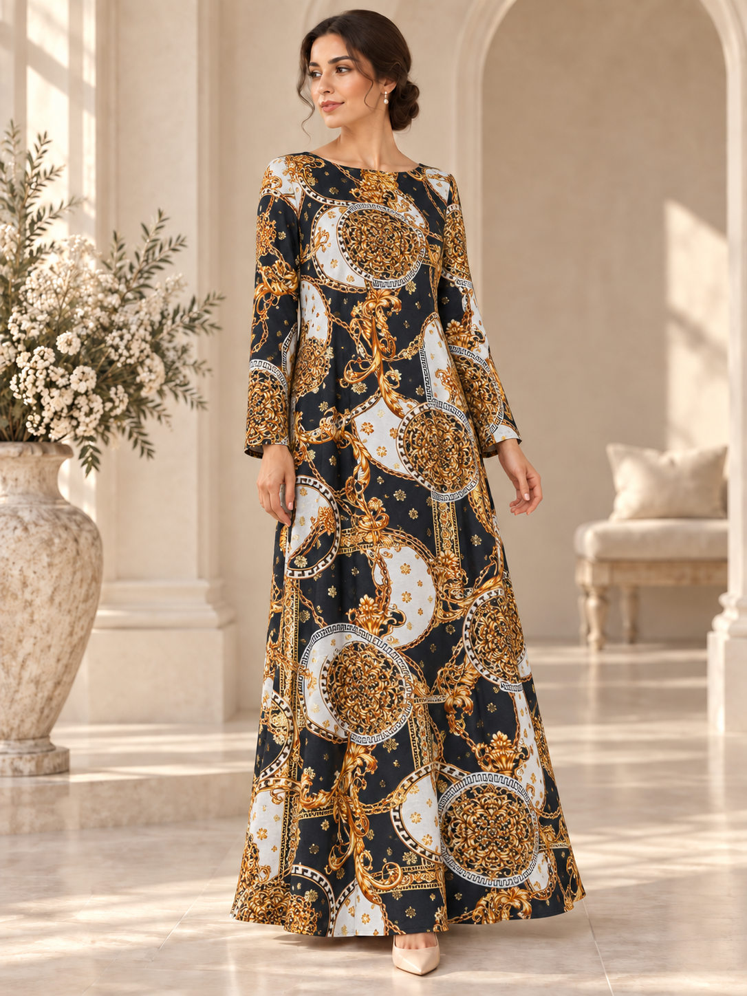 TG-311 — AI model styling illustration based on the original Silk Jacquard Lurex fabric; fabric sold separately, garment not included.
