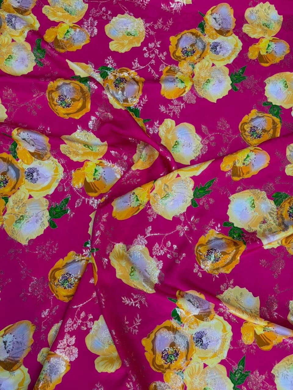 Fuchsia Yellow Rose Garden — Italian Silk Jacquard Lurex fabric, TG-324