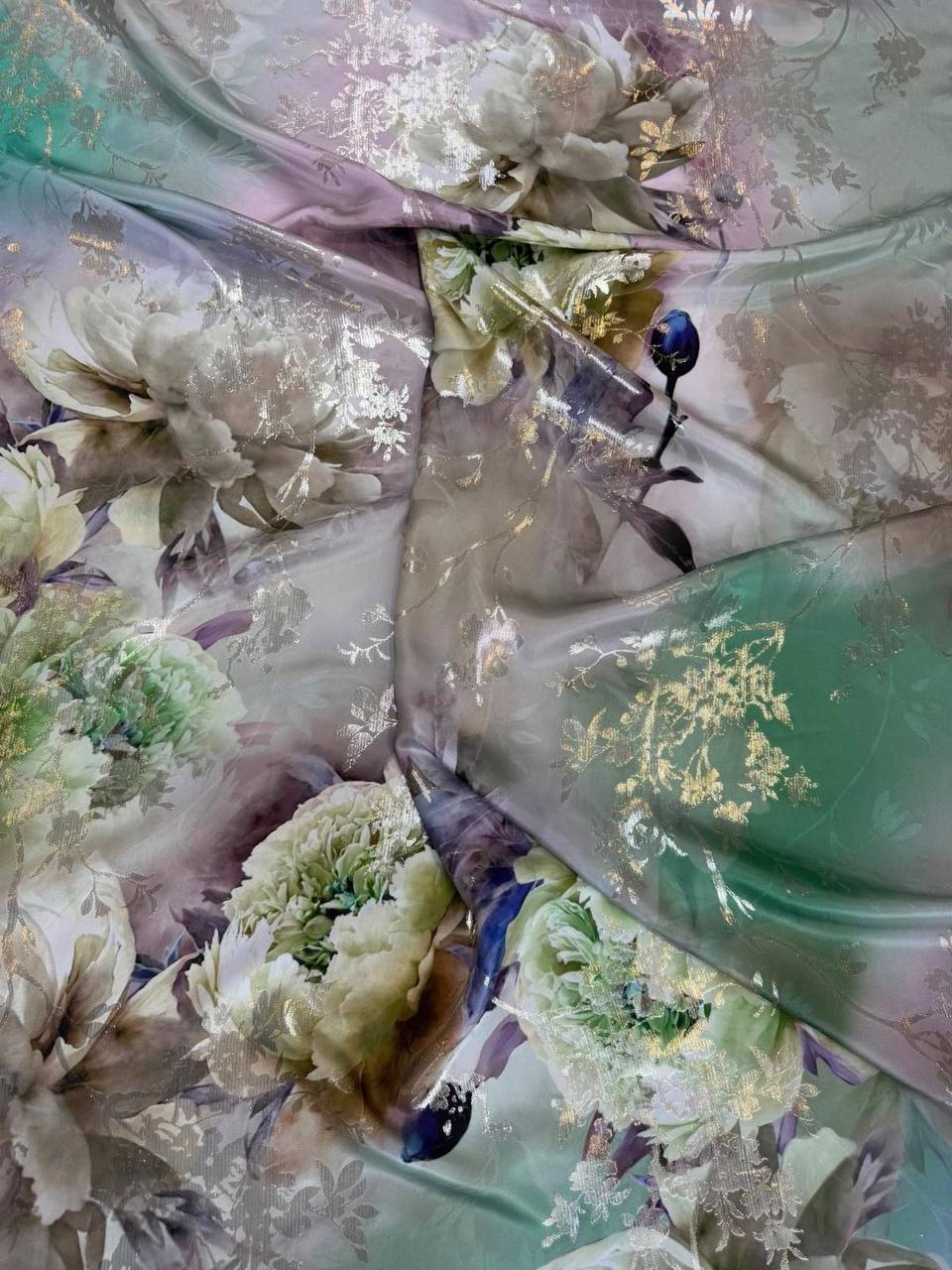 Sage Silver Rose Bouquet — Italian Silk Jacquard Lurex fabric, TG-335