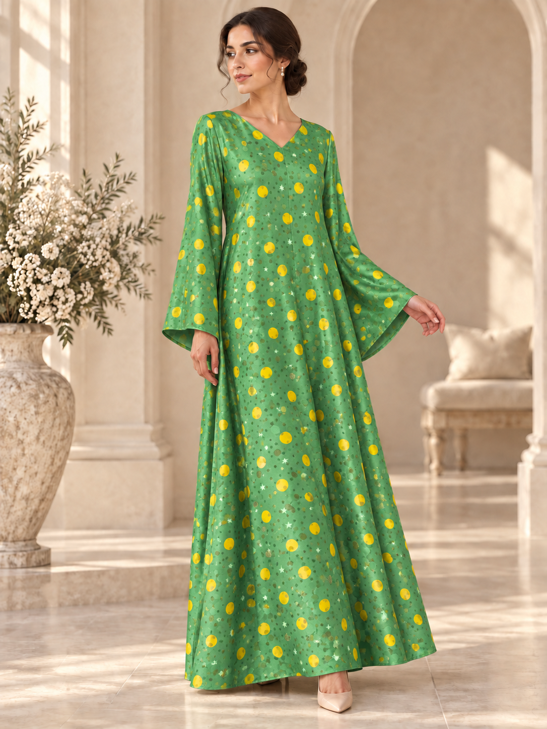 TG-362 — AI model styling illustration based on the original Silk Jacquard Lurex fabric; fabric sold separately, garment not included.