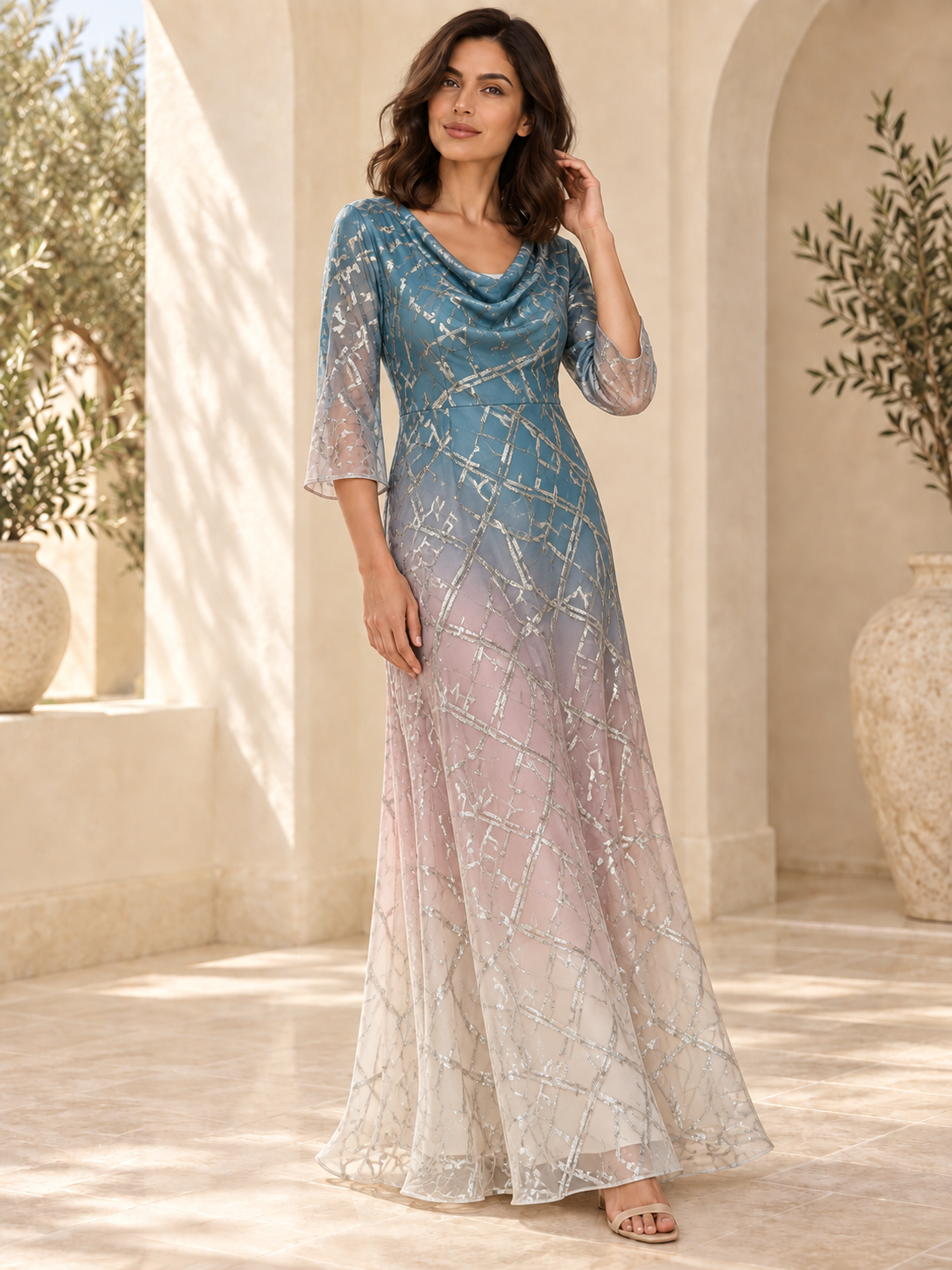 Teal Blush Ombre TG-370-C — chiffon lurex dress styling illustration with separate opaque lining. Fabric sold separately; lining and finished garment not included.