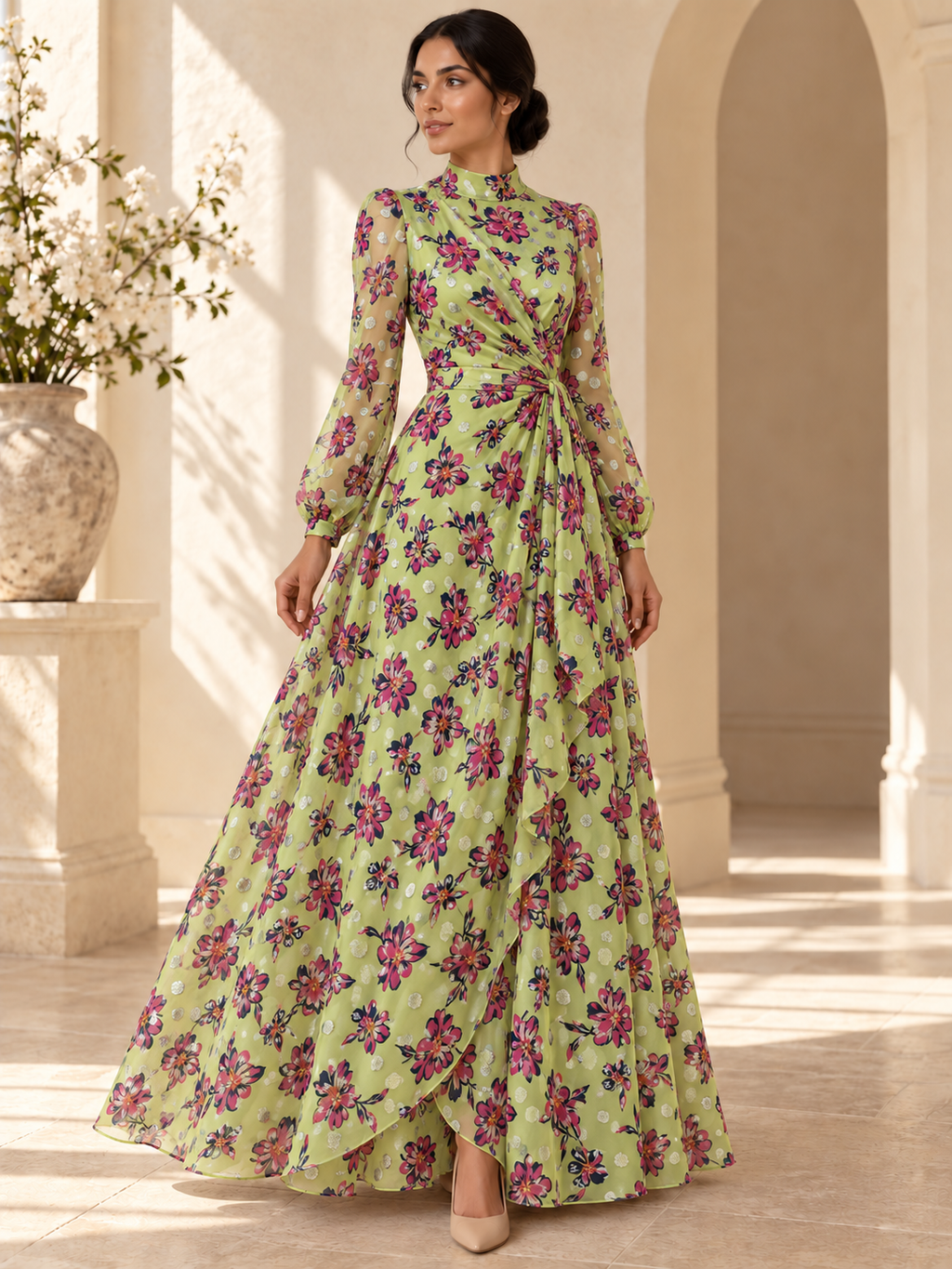 TG-371-C — AI model styling illustration based on the original Chiffon Silk Lurex fabric; fabric sold separately, garment not included.