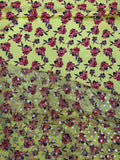 Lime Burgundy Blossom coordinating jacquard and chiffon fabrics, sold separately; original fabric photograph.