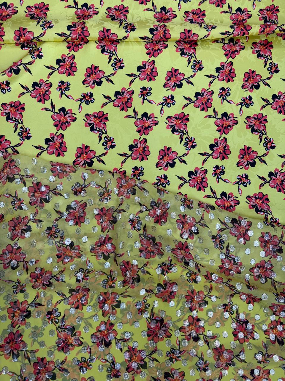 Lime Burgundy Blossom coordinating jacquard and chiffon fabrics, sold separately; original fabric photograph.