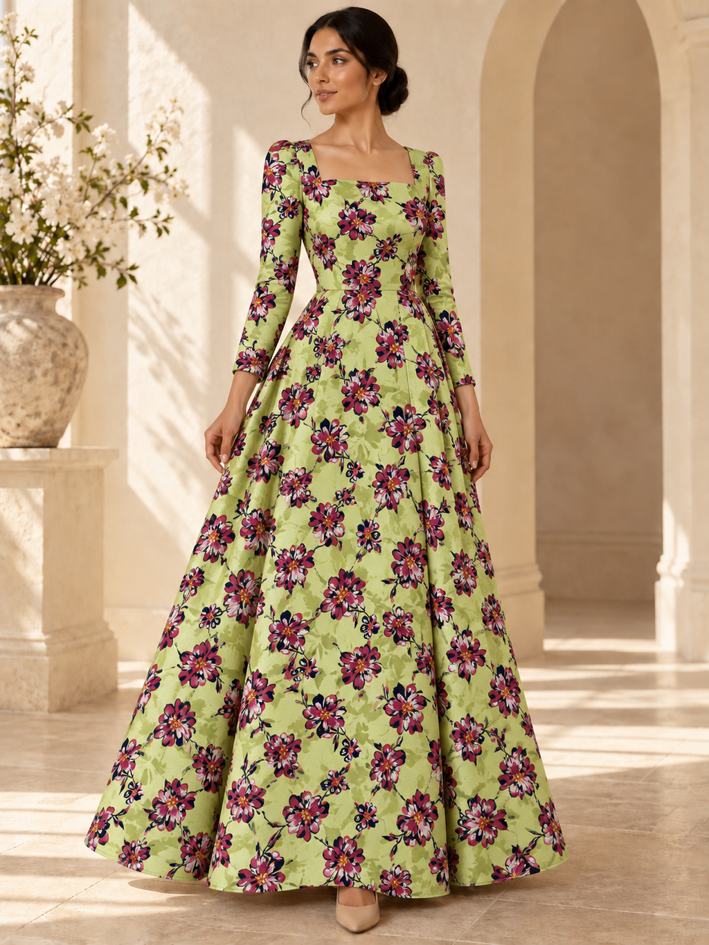 Lime Burgundy Blossom TG-371-J — jacquard dress styling illustration. Fabric sold separately; finished garment not included.