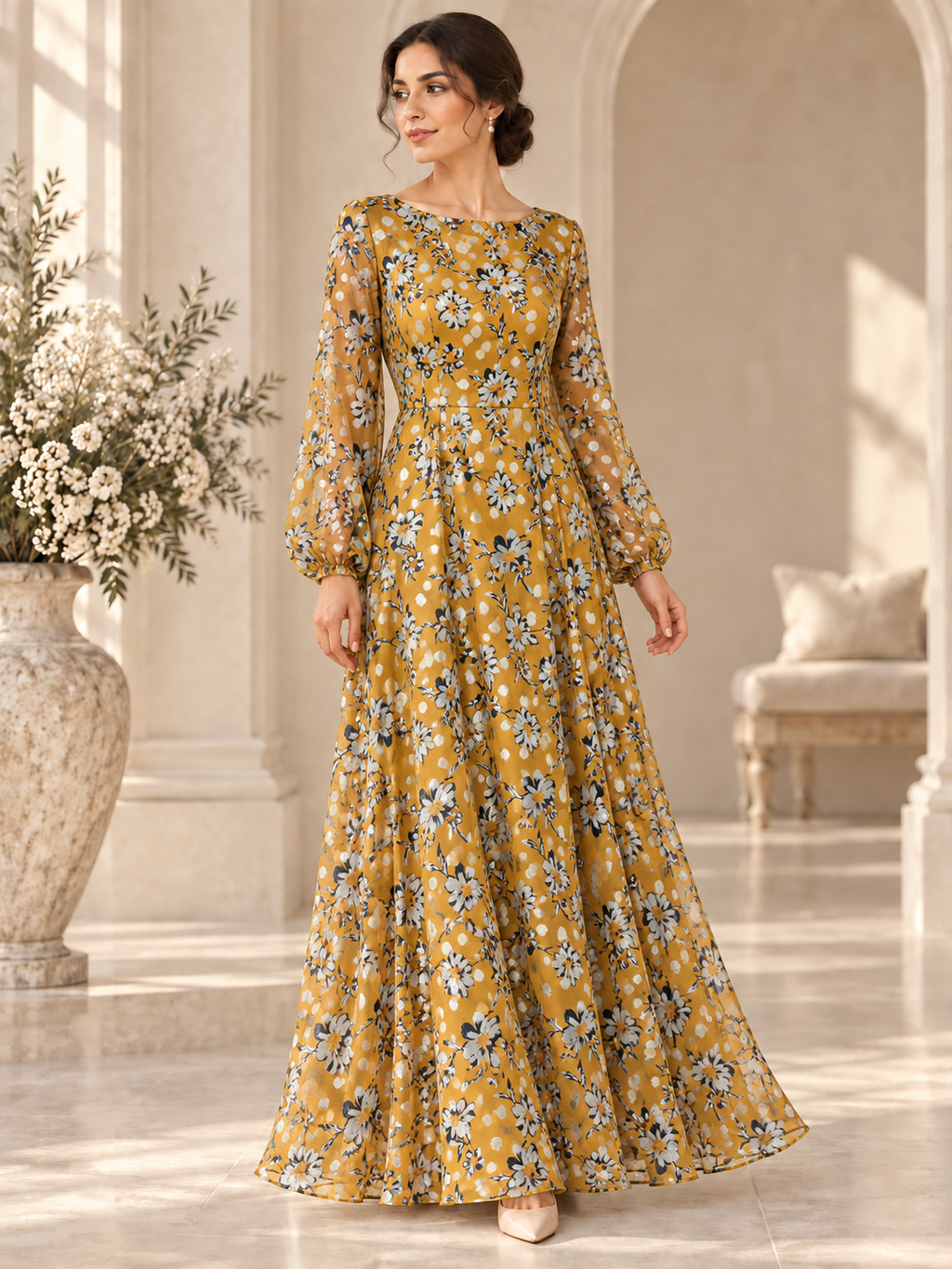 TG-372-C — AI model styling illustration based on the original Chiffon Silk Lurex fabric; fabric sold separately, garment not included.