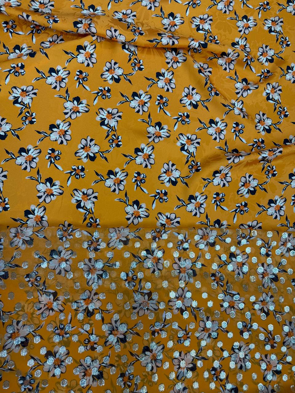Amber Blue Floral coordinating jacquard and chiffon fabrics, sold separately; original fabric photograph.