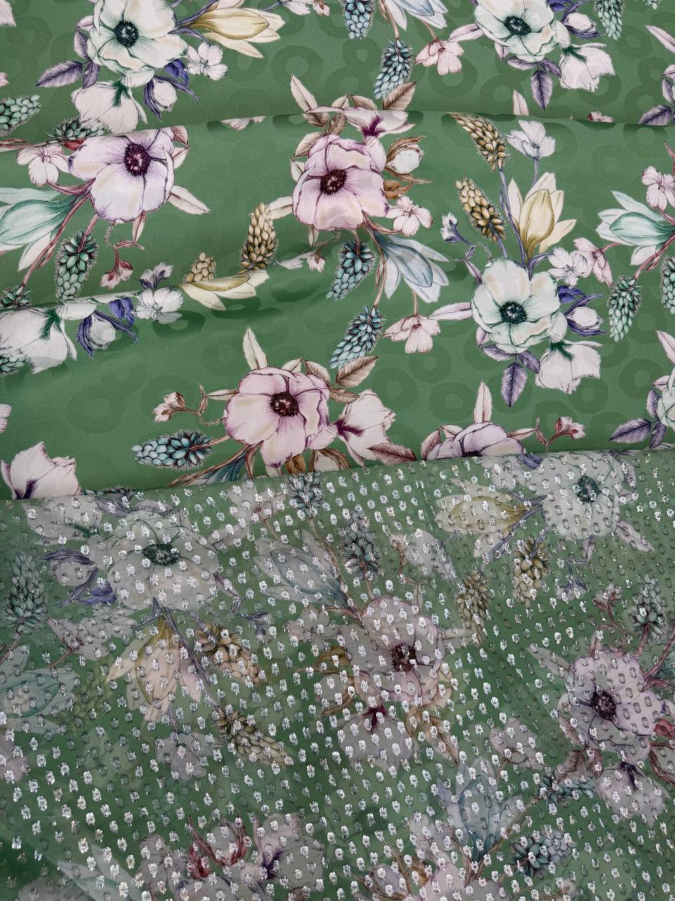 Sage Pink Blossom coordinating jacquard and chiffon fabrics, sold separately; original fabric photograph.