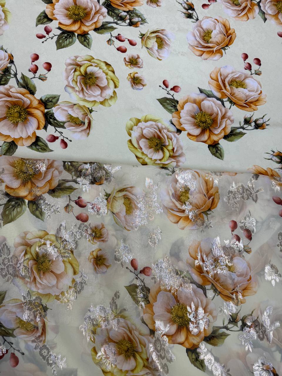 Ivory Amber Rose coordinating jacquard and chiffon fabrics, sold separately; original fabric photograph.