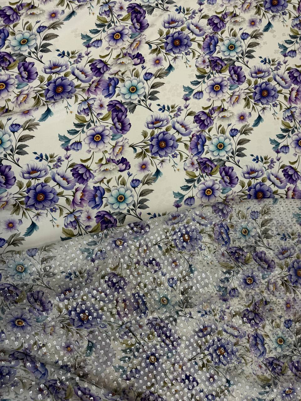 Ivory Navy Floral coordinating jacquard and chiffon fabrics, sold separately; original fabric photograph.