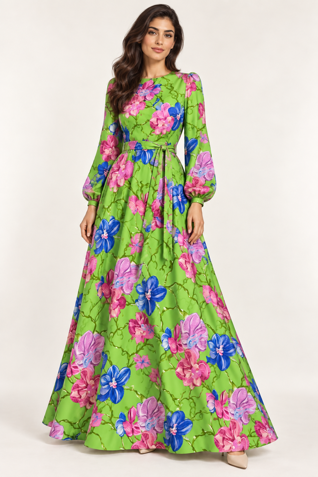 Model styling illustration using lime orchid garden silk jacquard — TG-056