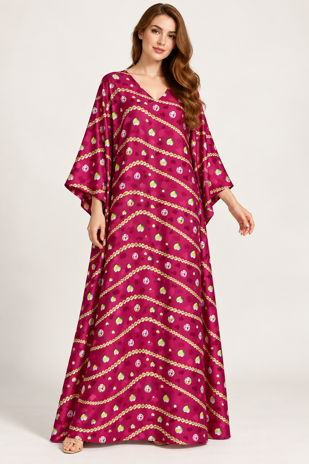 Model styling illustration using magenta heart garland silk jacquard — TG-057