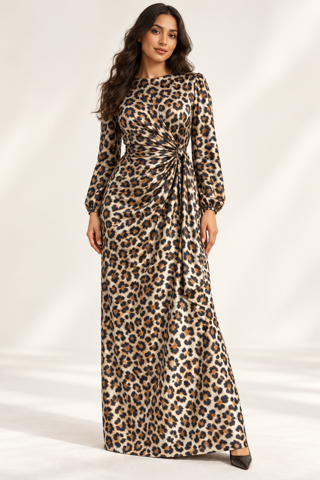 Model styling illustration using caramel leopard silk jacquard — TG-058