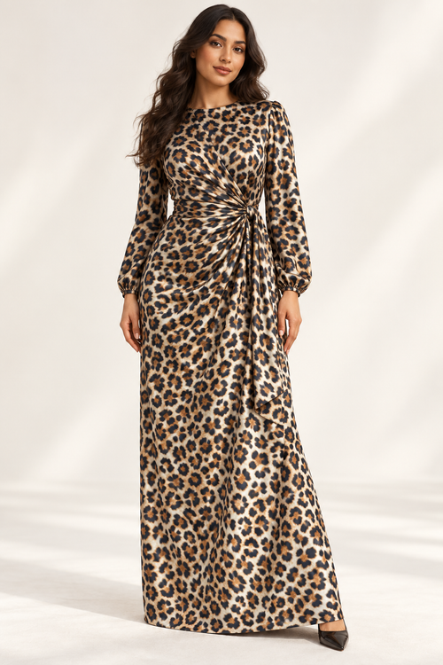 Model styling illustration using caramel leopard silk jacquard — TG-058