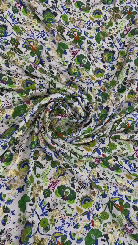 Ivory Green Botanical Scatter — Italian Silk Jacquard Lurex | TG-307