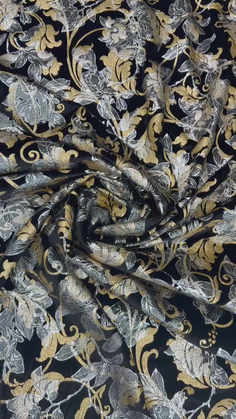 Original video showing midnight botanical fabric in movement, with large botanical motifs.